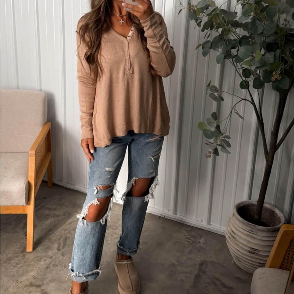 Women's Tan Henley - Picture 8 of 8